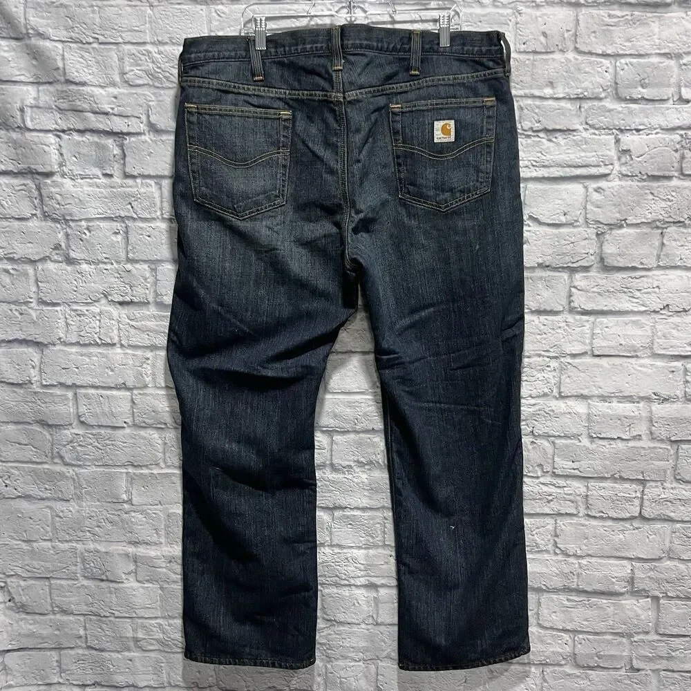 Carhartt Men Straight Relaxed Fleece Lined Denim Dark Blue Wash Jeans Size 42X30